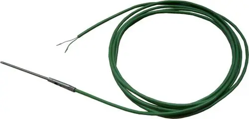 Grüner Temperaturfühler mit einem Metallendstück und zwei abisolierten Drähten. Hersteller ist Bosch.